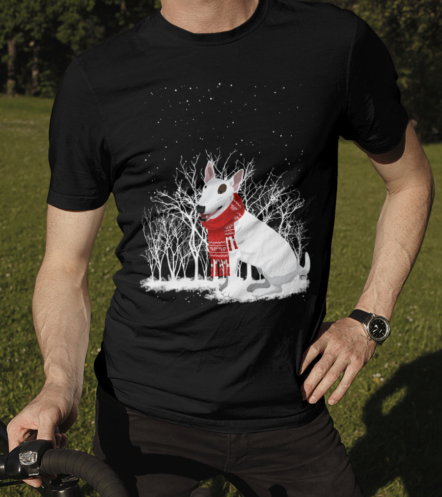 Winter Bullterrier Red Scarf Snowy Forest T-Shirt