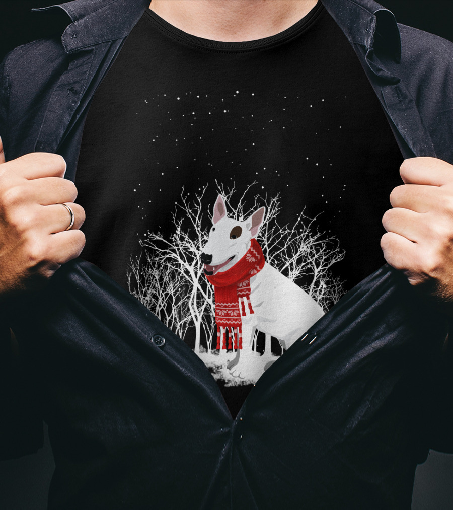 Winter Bullterrier Red Scarf Snowy Forest T-Shirt