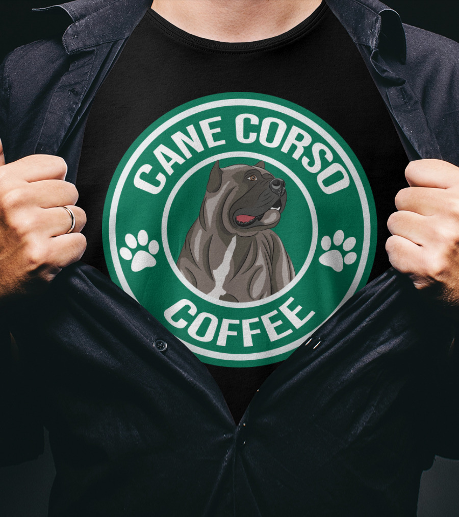 Cane Corso Coffee Dog Emblem Paw Prints T-Shirt