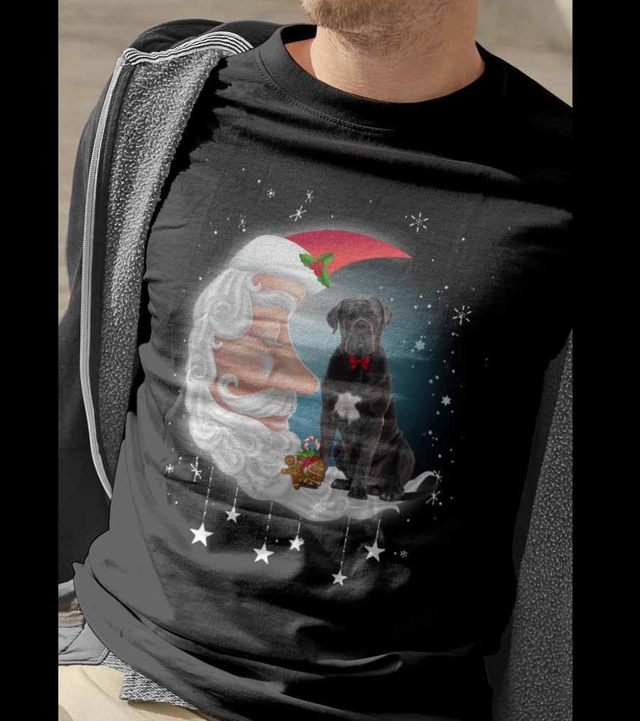 Santa Crescent Moon Cane Corso With Stars And Snowflakes T-Shirt