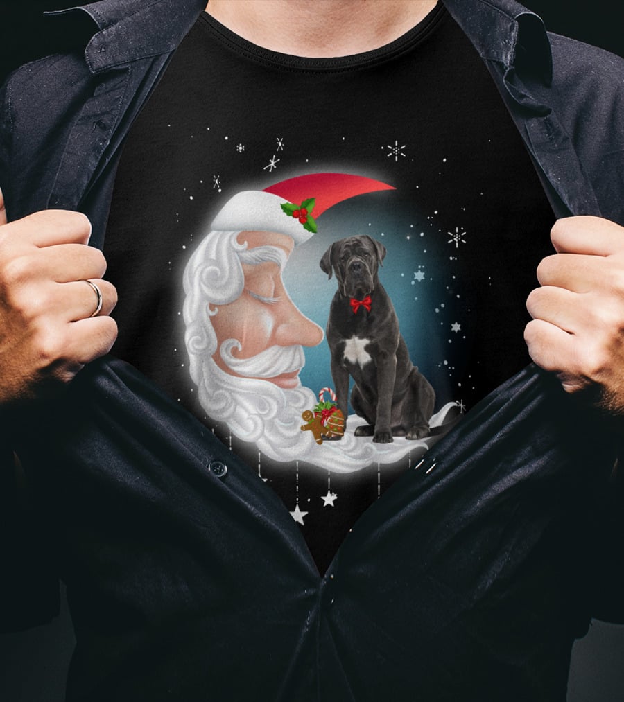 Santa Crescent Moon Cane Corso With Stars And Snowflakes T-Shirt