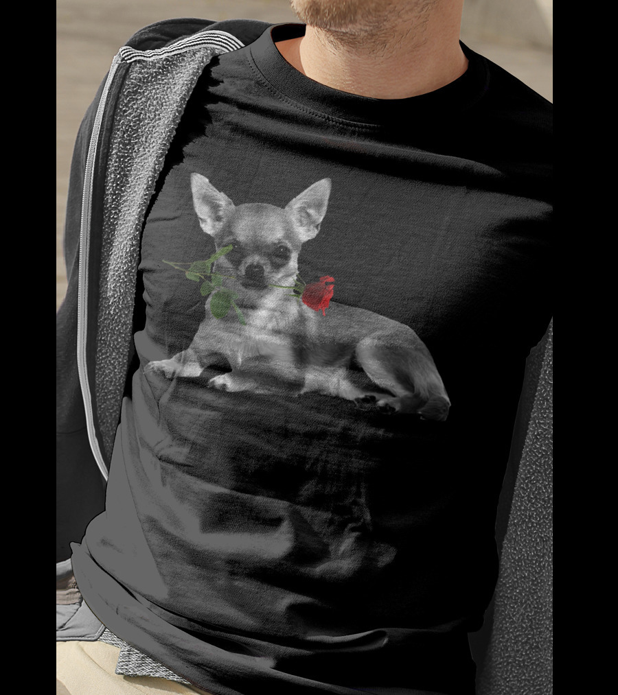 Chihuahua Holding A Red Rose In Mouth T-Shirt