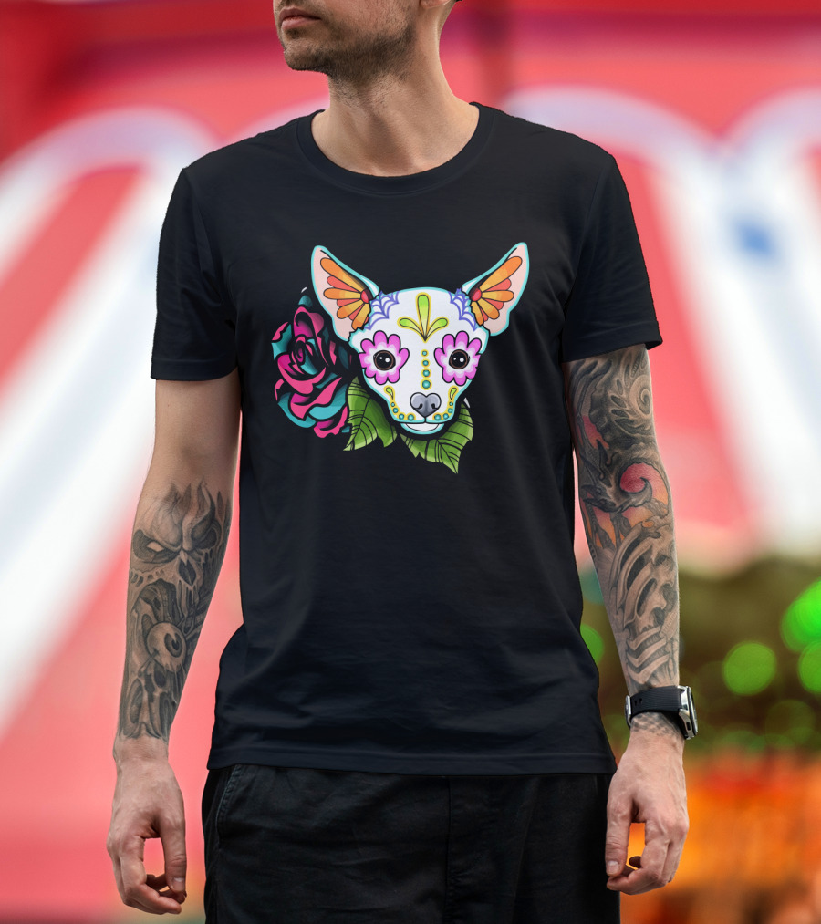 Dead Chihuahua Neon Sugar Skull Rose T-Shirt