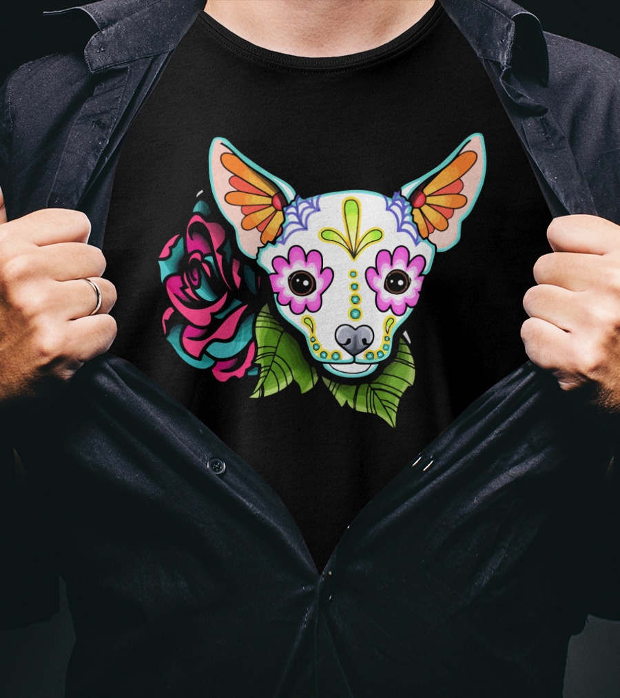 Dead Chihuahua Neon Sugar Skull Rose T-Shirt