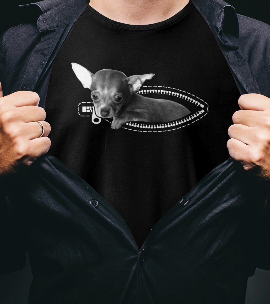 Zip Chihuahua Puppy Peeking Through Zipper T-Shirt