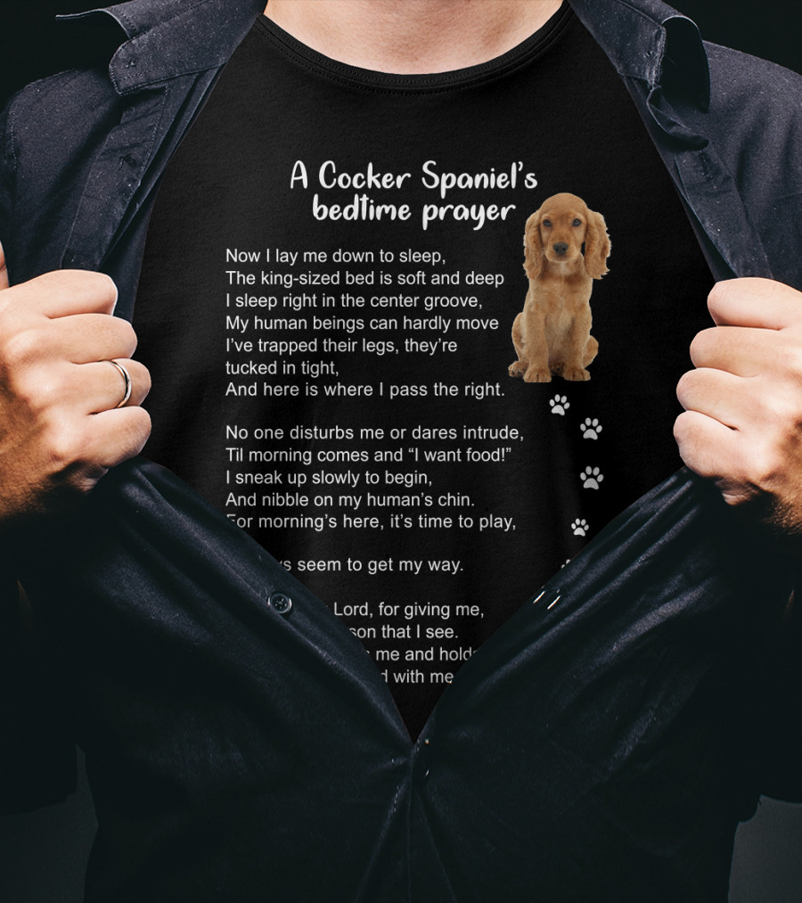 A Cocker Spaniel's Bedtime Prayer With Sleeping Dog And Paw Prints In Soft Light Brown T-Shirt