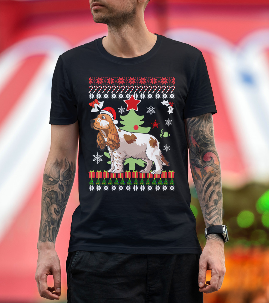 Christmas Cocker Spaniel Santa Hat Snowflakes Christmas Tree T-Shirt