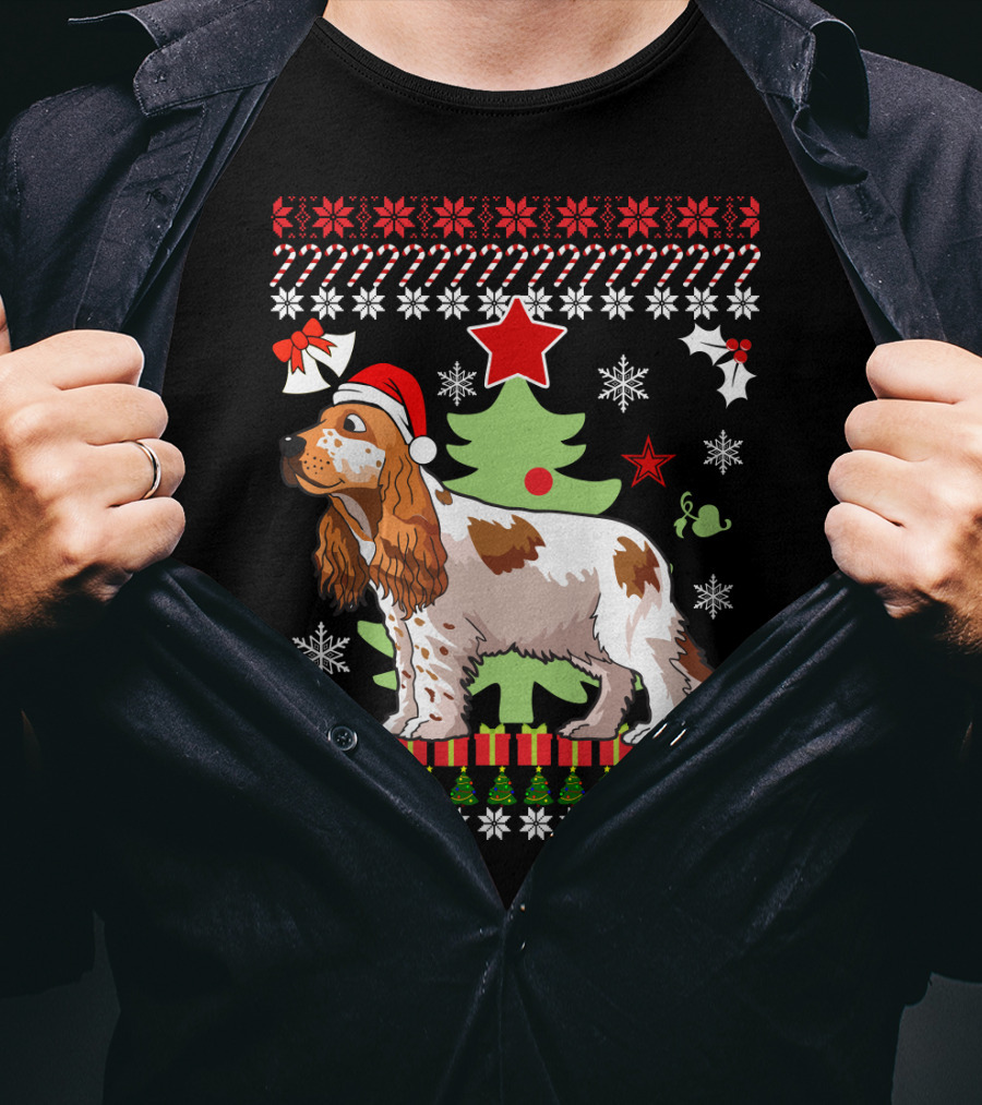 Christmas Cocker Spaniel Santa Hat Snowflakes Christmas Tree T-Shirt