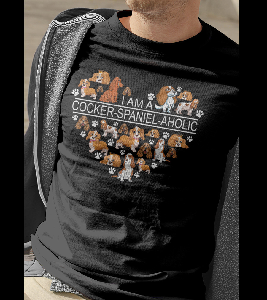 I Am A Cocker Spaniel Aholic Heart With Dog Paw Prints And Cartoon Cocker Spaniels T-Shirt