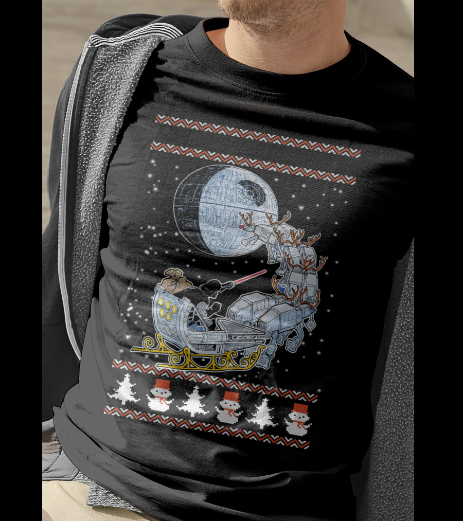 Death Star Christmas Night With Vader Sleigh And AT-AT Reindeer T-Shirt