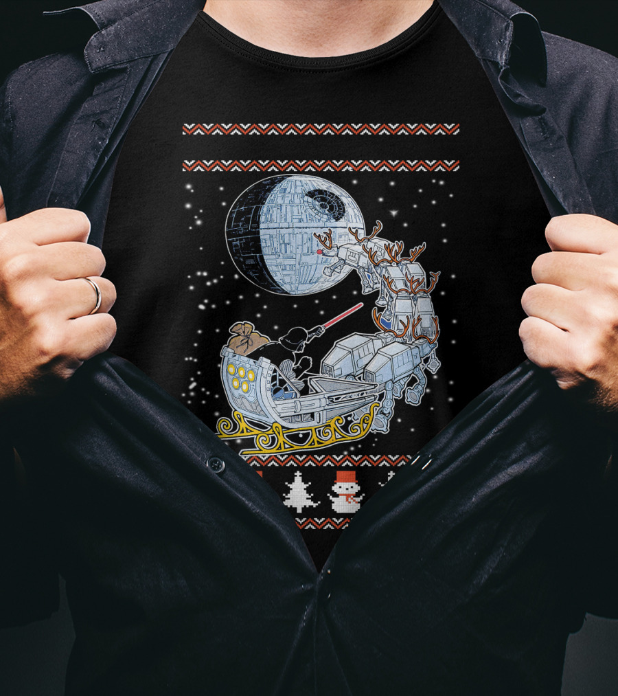 Death Star Christmas Night With Vader Sleigh And AT-AT Reindeer T-Shirt