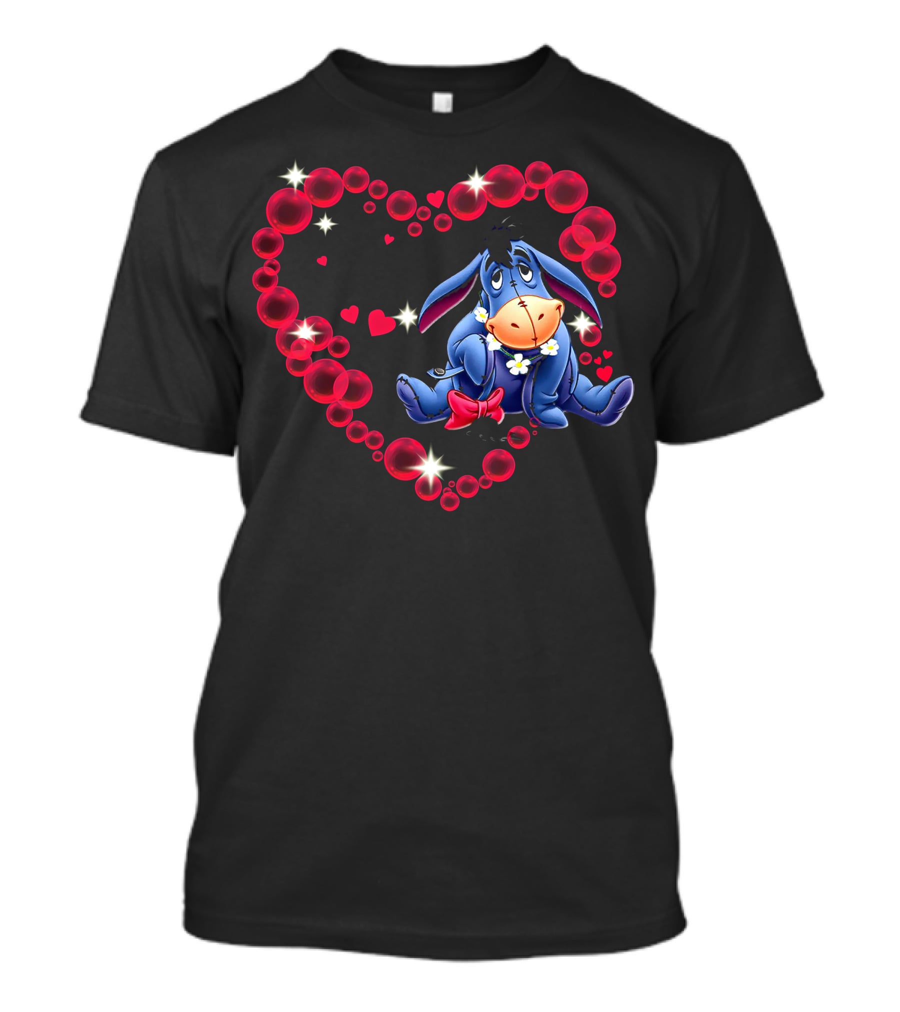 Eeyore Surrounded By Heart-Shaped Bubbles And Flowers T-Shirt