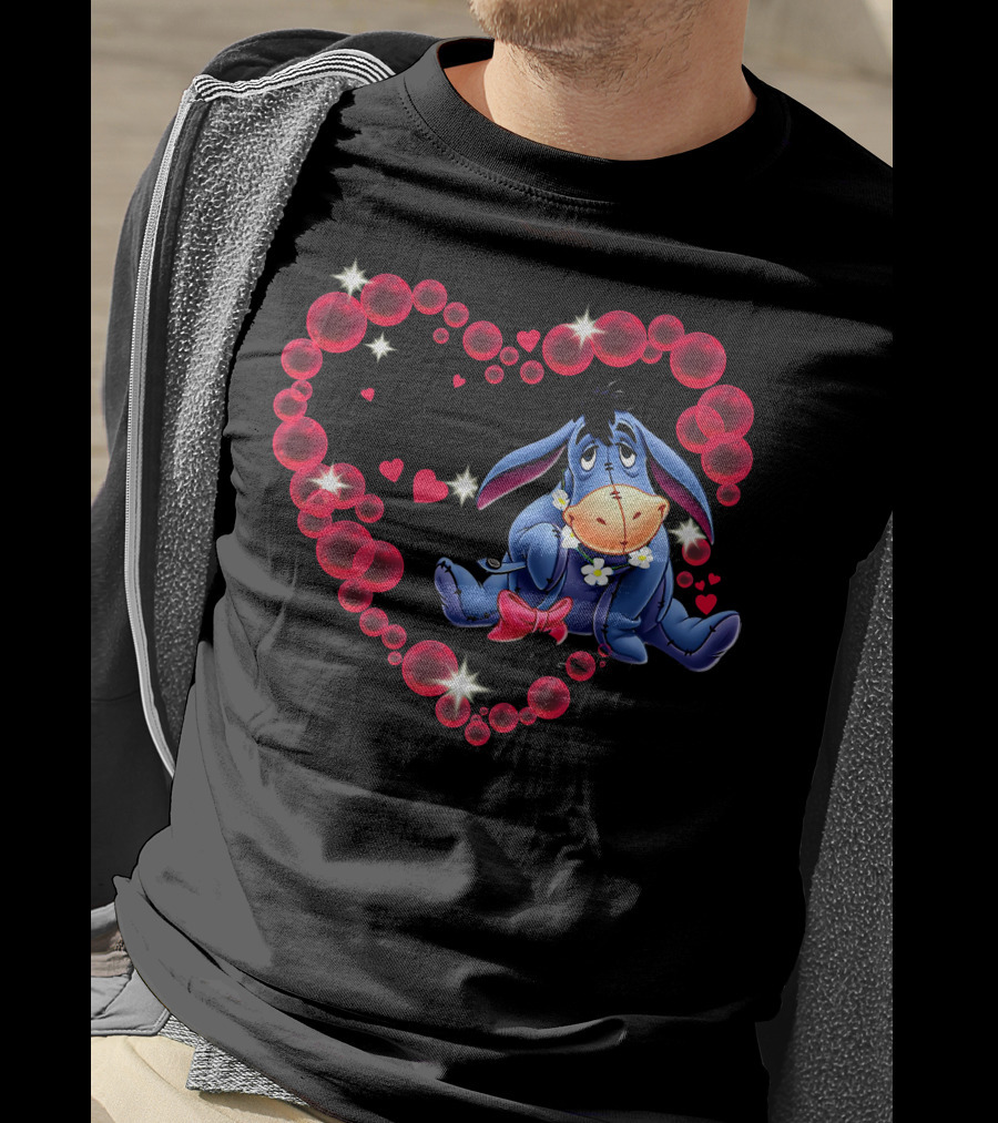 Eeyore Surrounded By Heart-Shaped Bubbles And Flowers T-Shirt