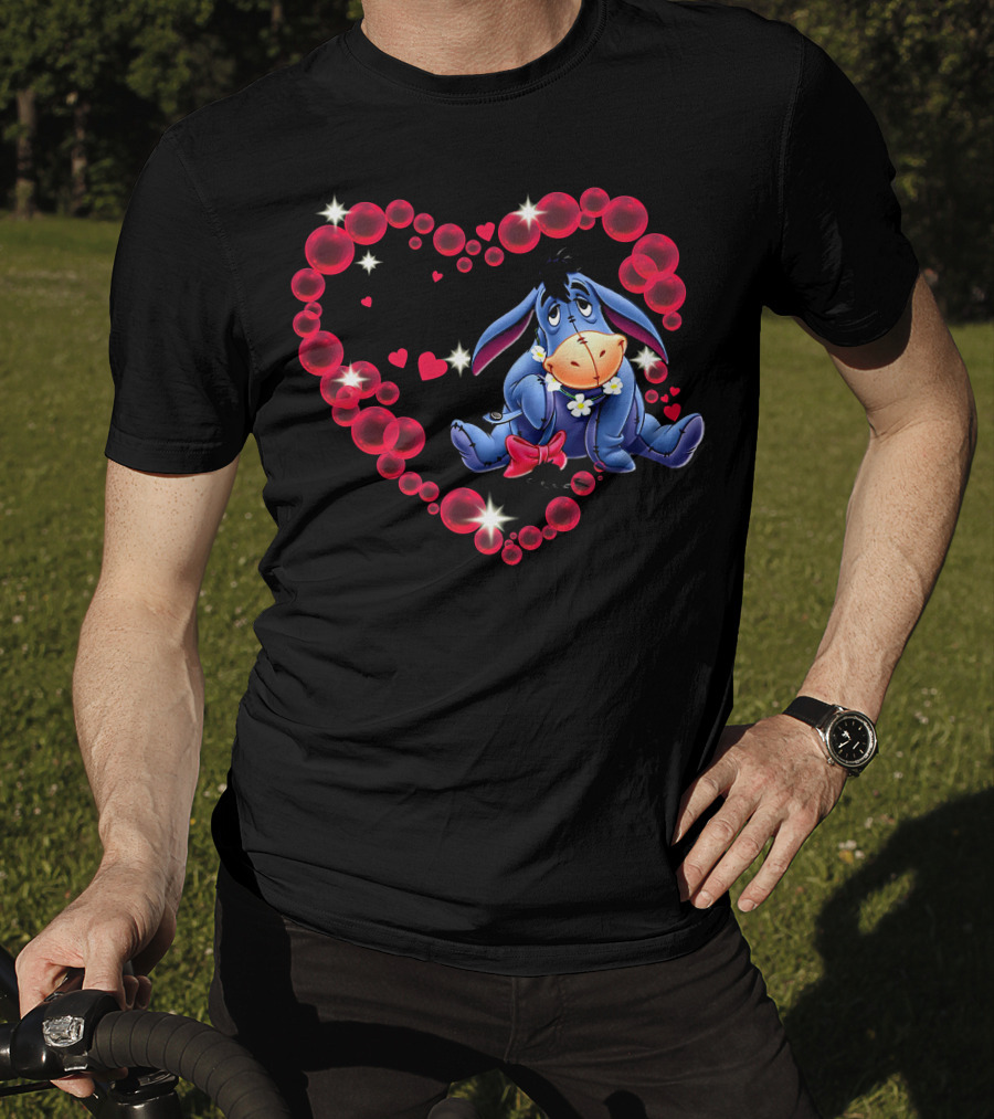 Eeyore Surrounded By Heart-Shaped Bubbles And Flowers T-Shirt