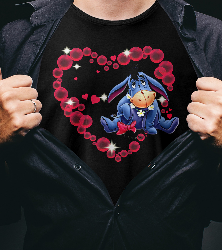 Eeyore Surrounded By Heart-Shaped Bubbles And Flowers T-Shirt