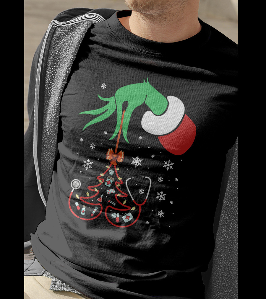 Grinch Hand Holding Nurse Themed Christmas Tree With Medical Icons T-Shirt