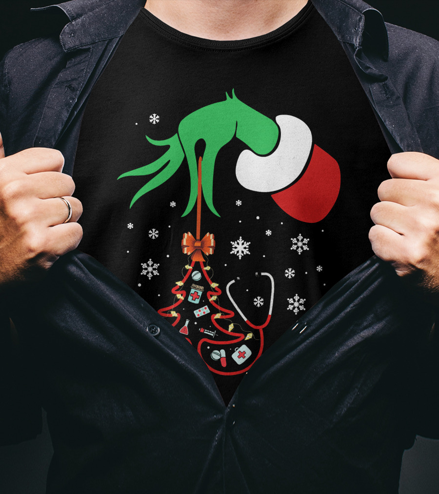 Grinch Hand Holding Nurse Themed Christmas Tree With Medical Icons T-Shirt