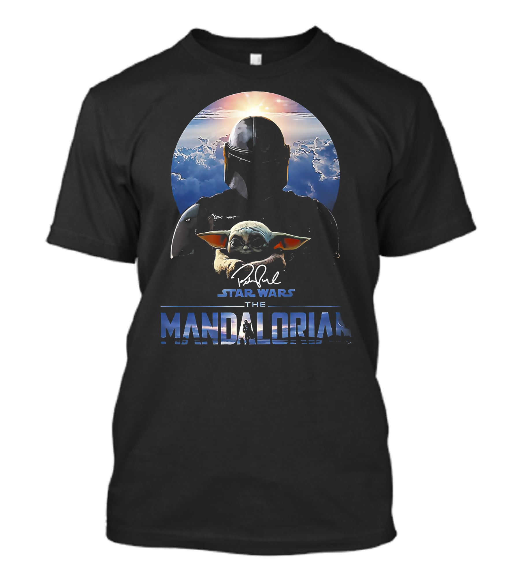 Star Wars The Mandalorian Mando And Grogu Signature Sky Background T-Shirt