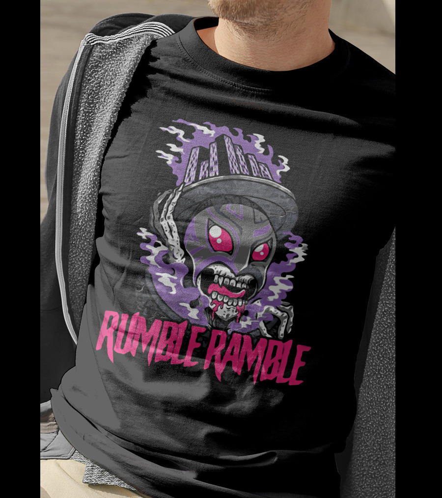 Rumble Ramble Monster In Urban Graffiti Mask With Purple Smoke And Cityscape Hat T-Shirt