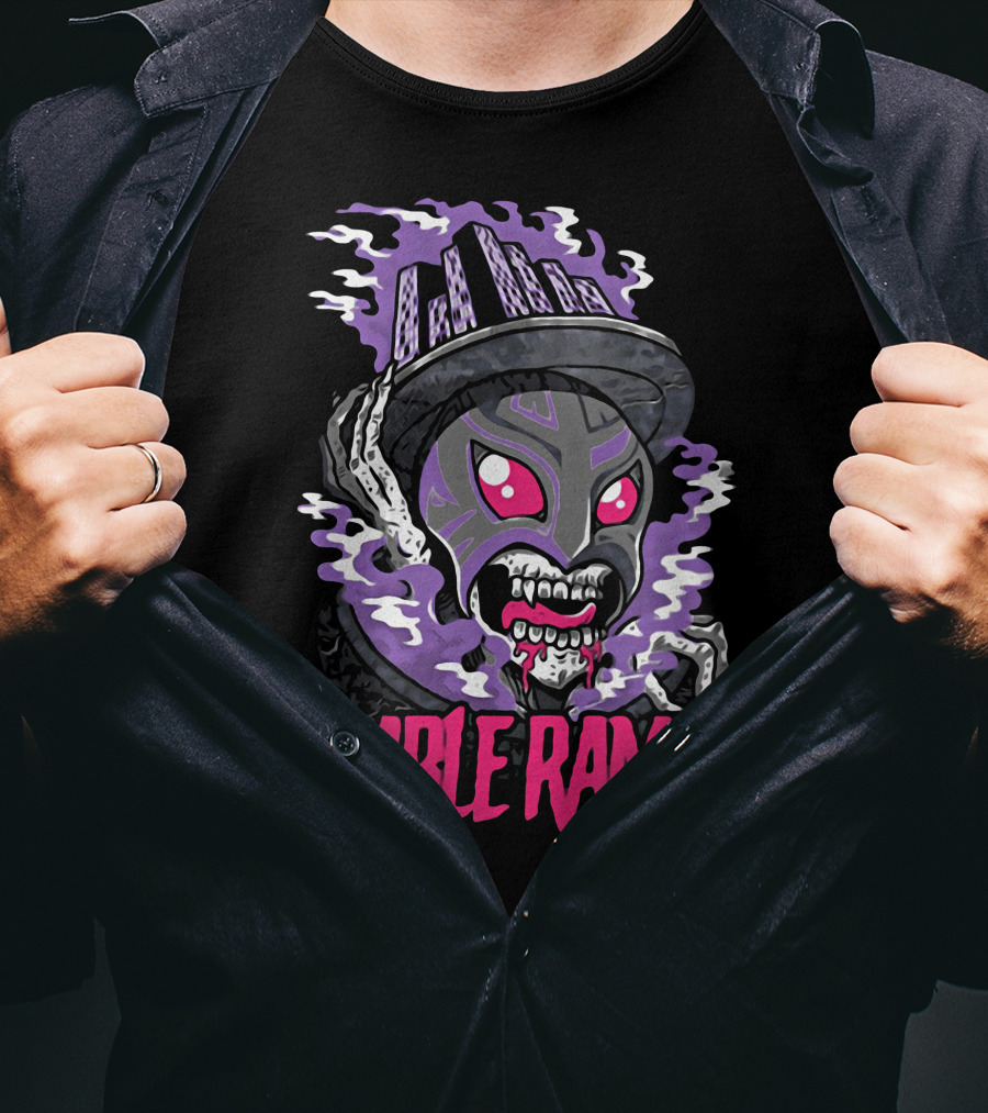 Rumble Ramble Monster In Urban Graffiti Mask With Purple Smoke And Cityscape Hat T-Shirt