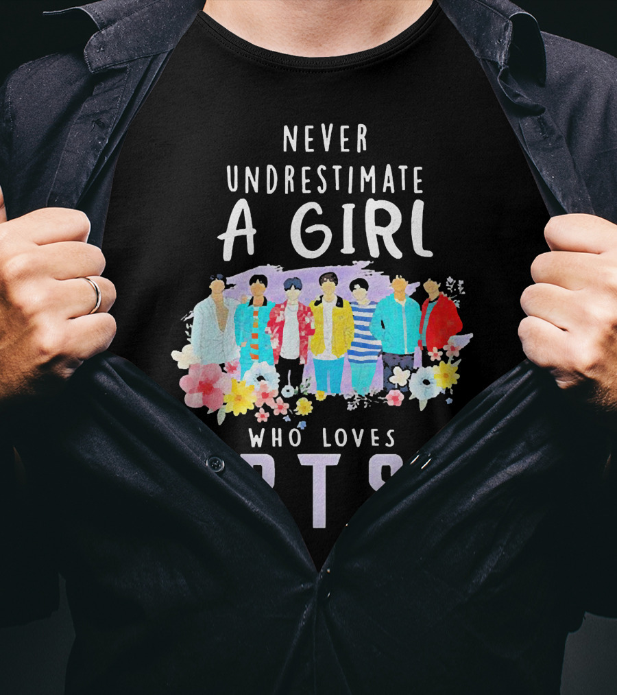 Never Underestimate A Girl Who Loves BTS Floral Watercolor Band T-Shirt