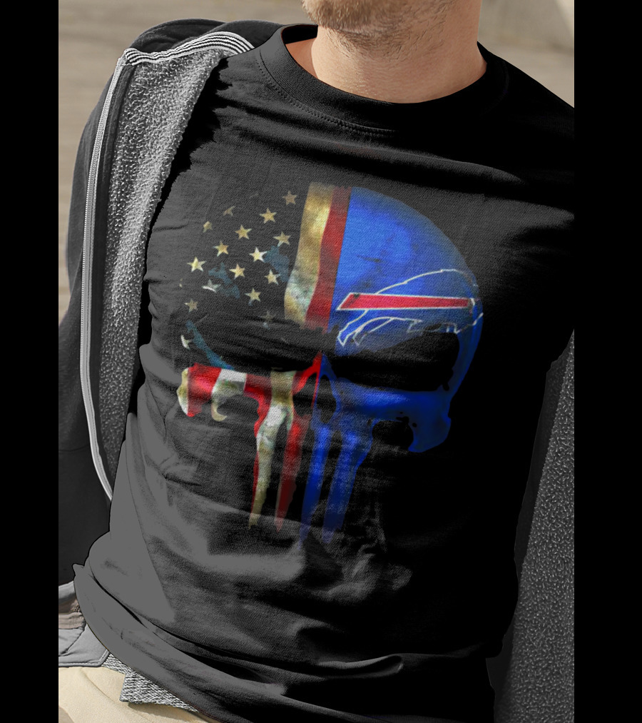 Skull Buffalo Bills American Flag Punisher NFL Logo Stars Stripes T-Shirt