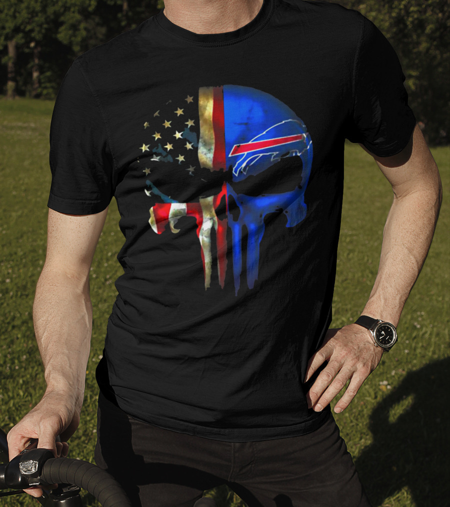Skull Buffalo Bills American Flag Punisher NFL Logo Stars Stripes T-Shirt