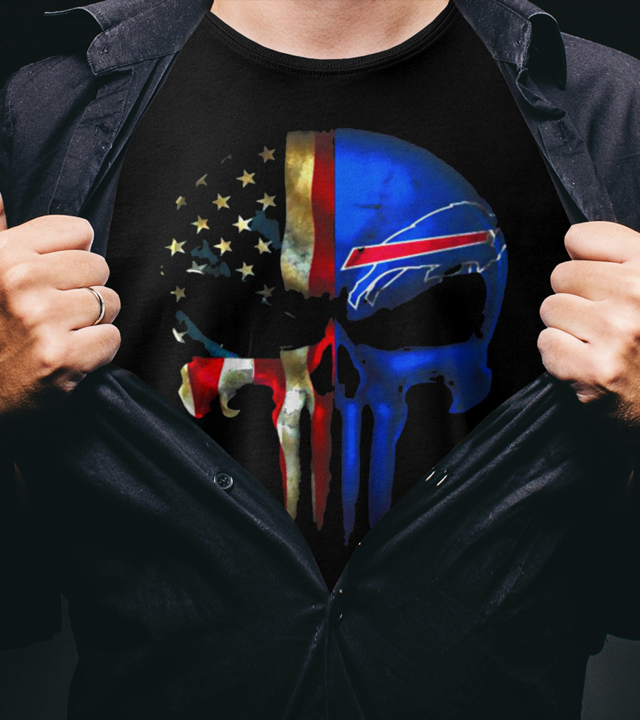 Skull Buffalo Bills American Flag Punisher NFL Logo Stars Stripes T-Shirt