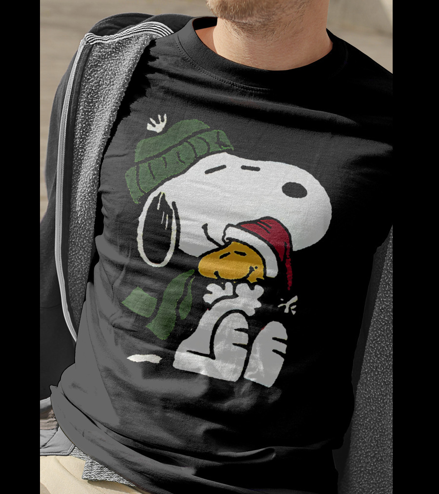 Snoopy Hugging Woodstock Winter Hat Scarf Christmas T-Shirt