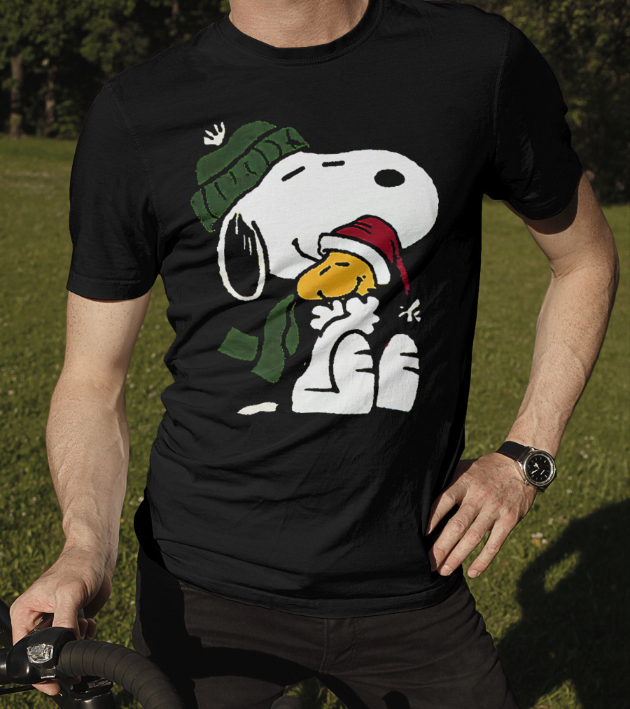 Snoopy Hugging Woodstock Winter Hat Scarf Christmas T-Shirt