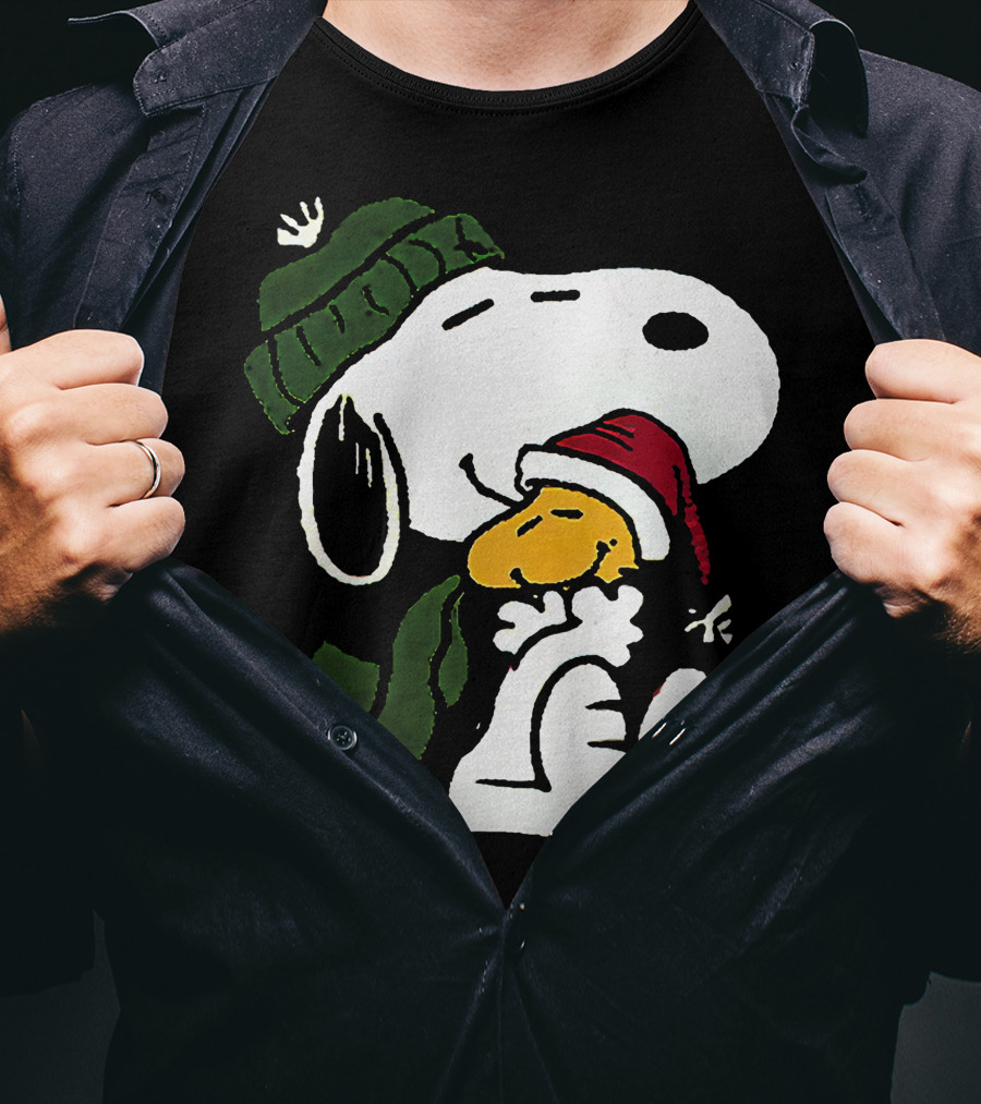 Snoopy Hugging Woodstock Winter Hat Scarf Christmas T-Shirt