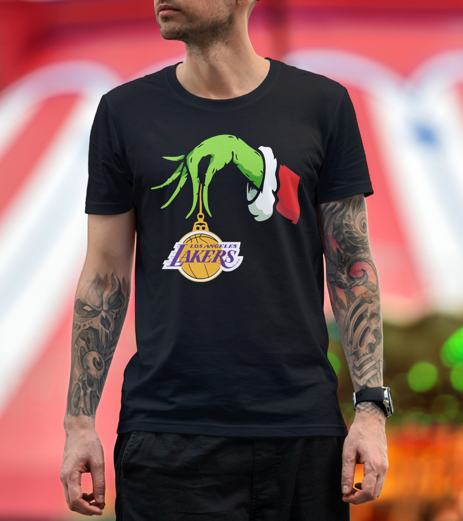 Grinch Hand With Santa Sleeve Holding Los Angeles Lakers T-Shirt