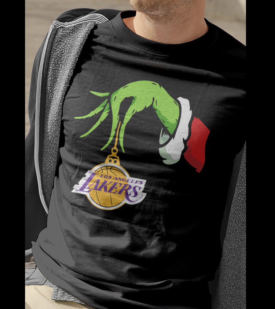 Grinch Hand With Santa Sleeve Holding Los Angeles Lakers T-Shirt