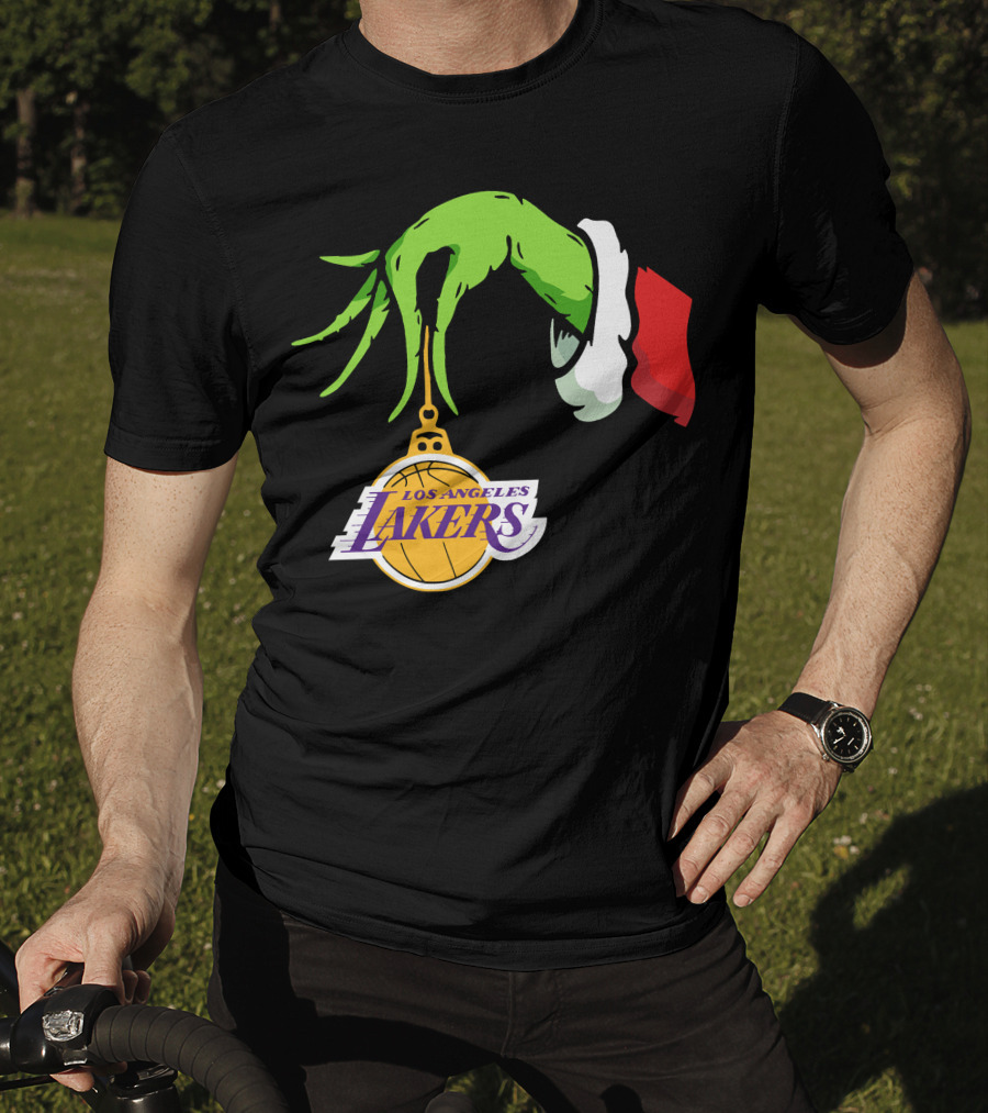 Grinch Hand With Santa Sleeve Holding Los Angeles Lakers T-Shirt