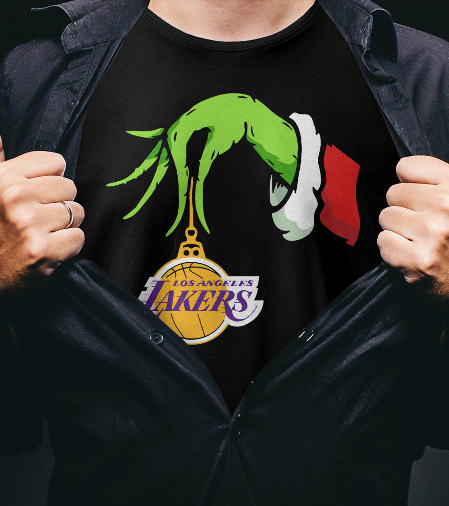 Grinch Hand With Santa Sleeve Holding Los Angeles Lakers T-Shirt