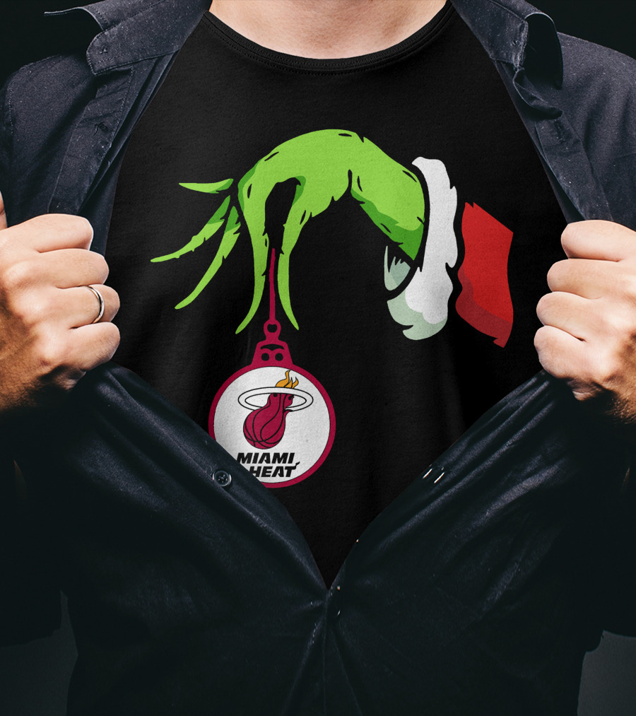 Grinch Hand With Miami Heat Ornament Holiday Sports T-Shirt