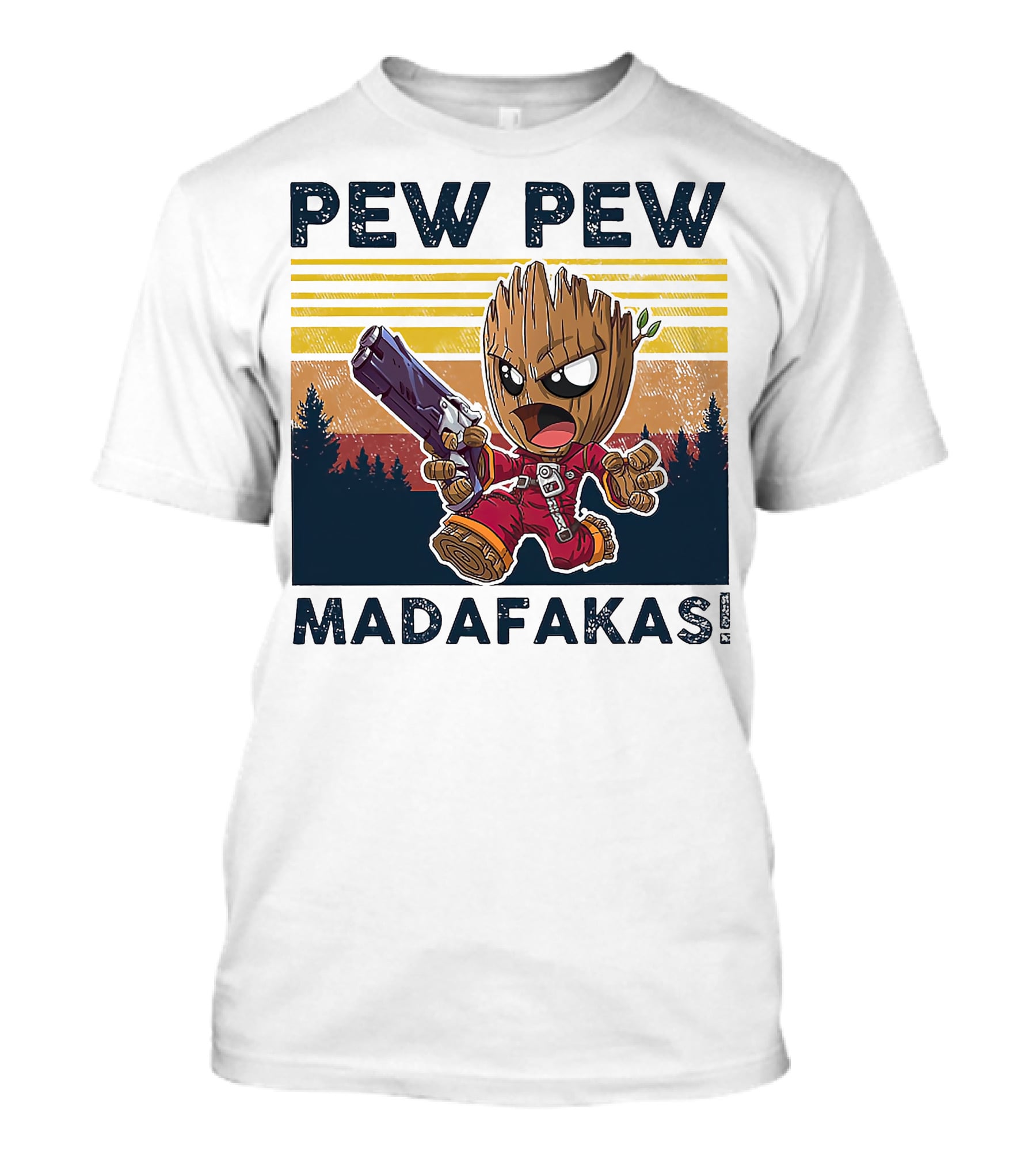 Pew Pew Madafakas Baby Groot Retro Forest Background T-Shirt