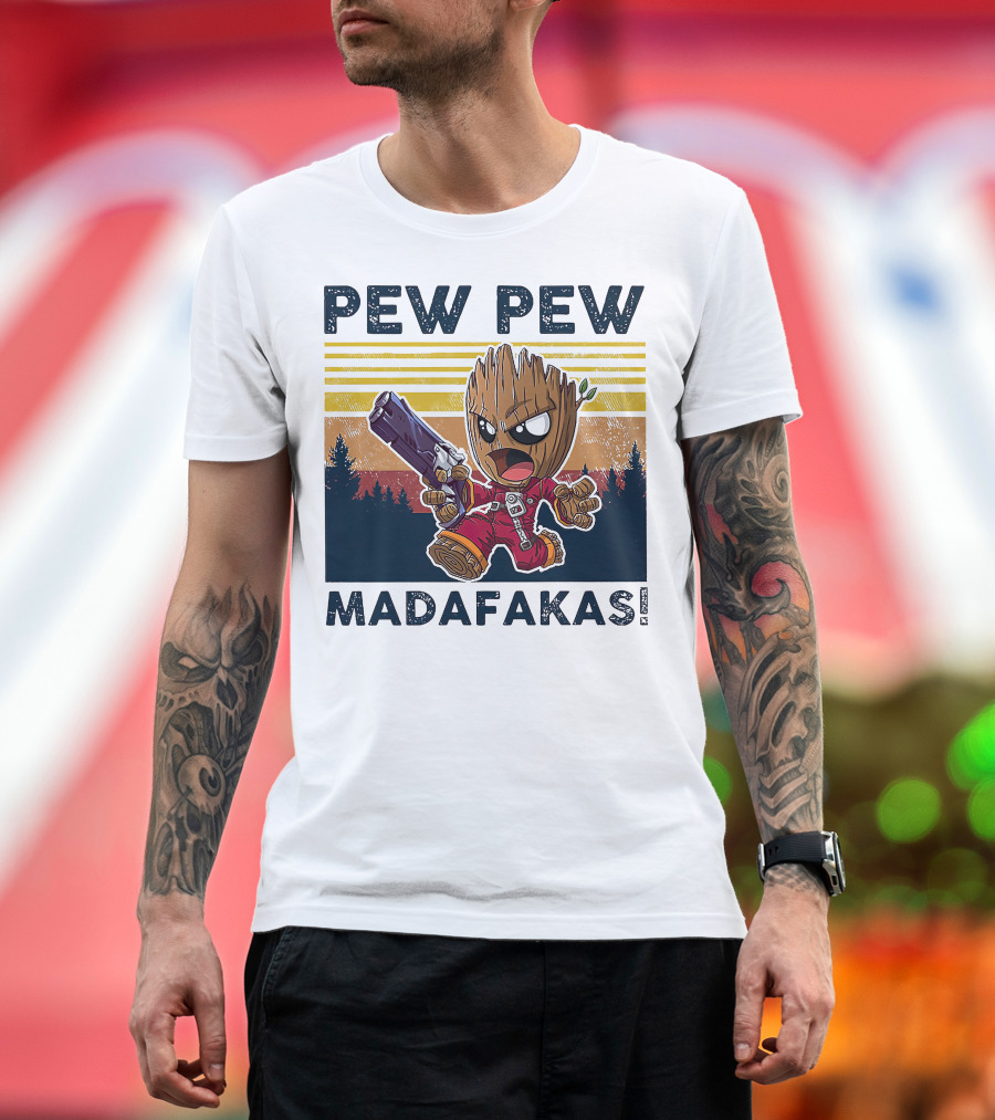 Pew Pew Madafakas Baby Groot Retro Forest Background T-Shirt
