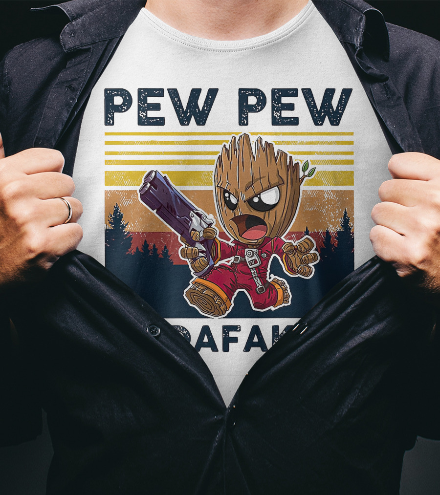 Pew Pew Madafakas Baby Groot Retro Forest Background T-Shirt