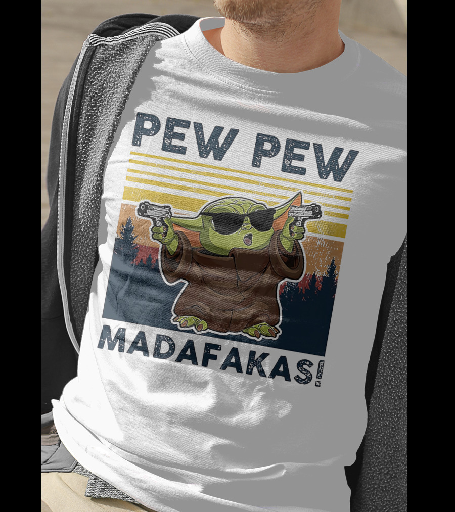Pew Pew Madafakas Baby Yoda Retro Forest Sunset T-Shirt