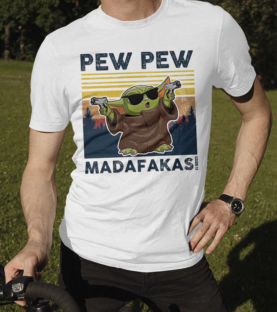 Pew Pew Madafakas Baby Yoda Retro Forest Sunset T-Shirt