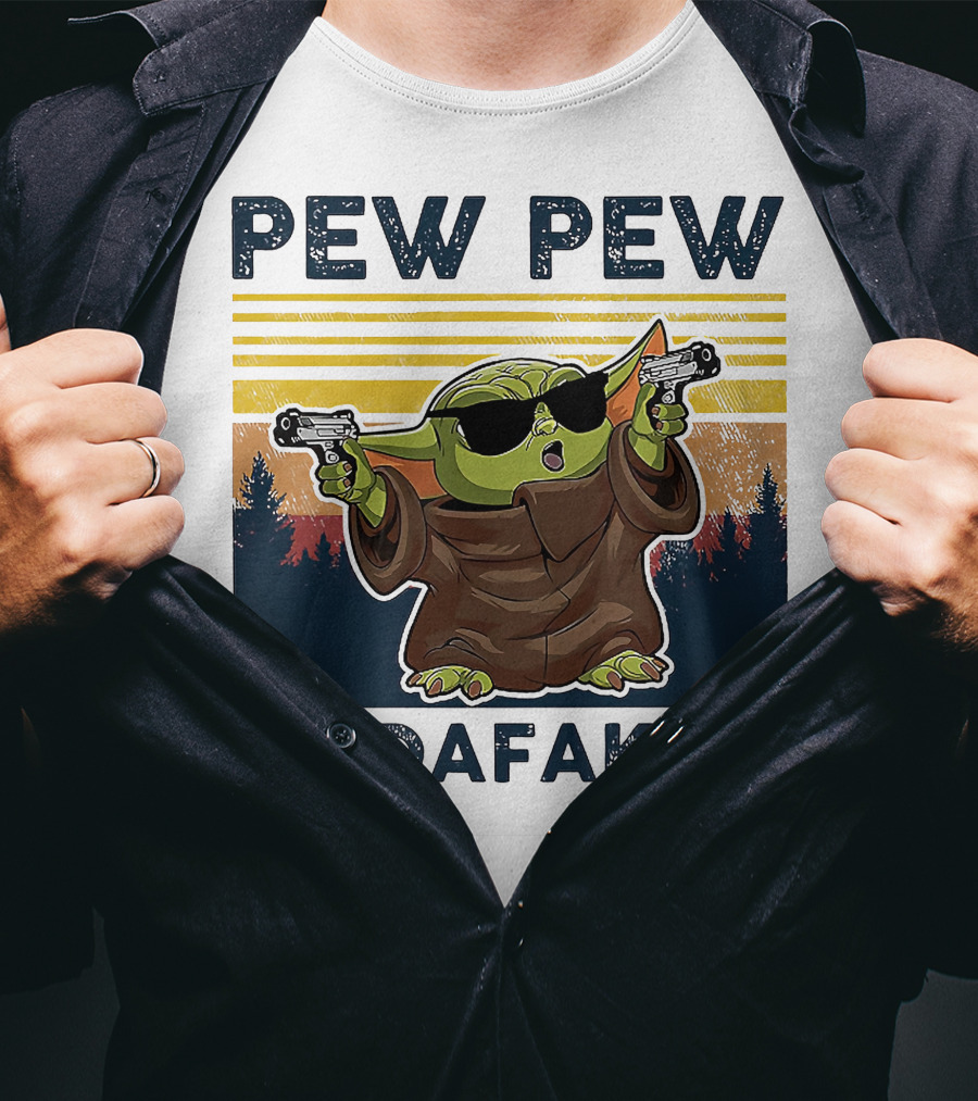 Pew Pew Madafakas Baby Yoda Retro Forest Sunset T-Shirt