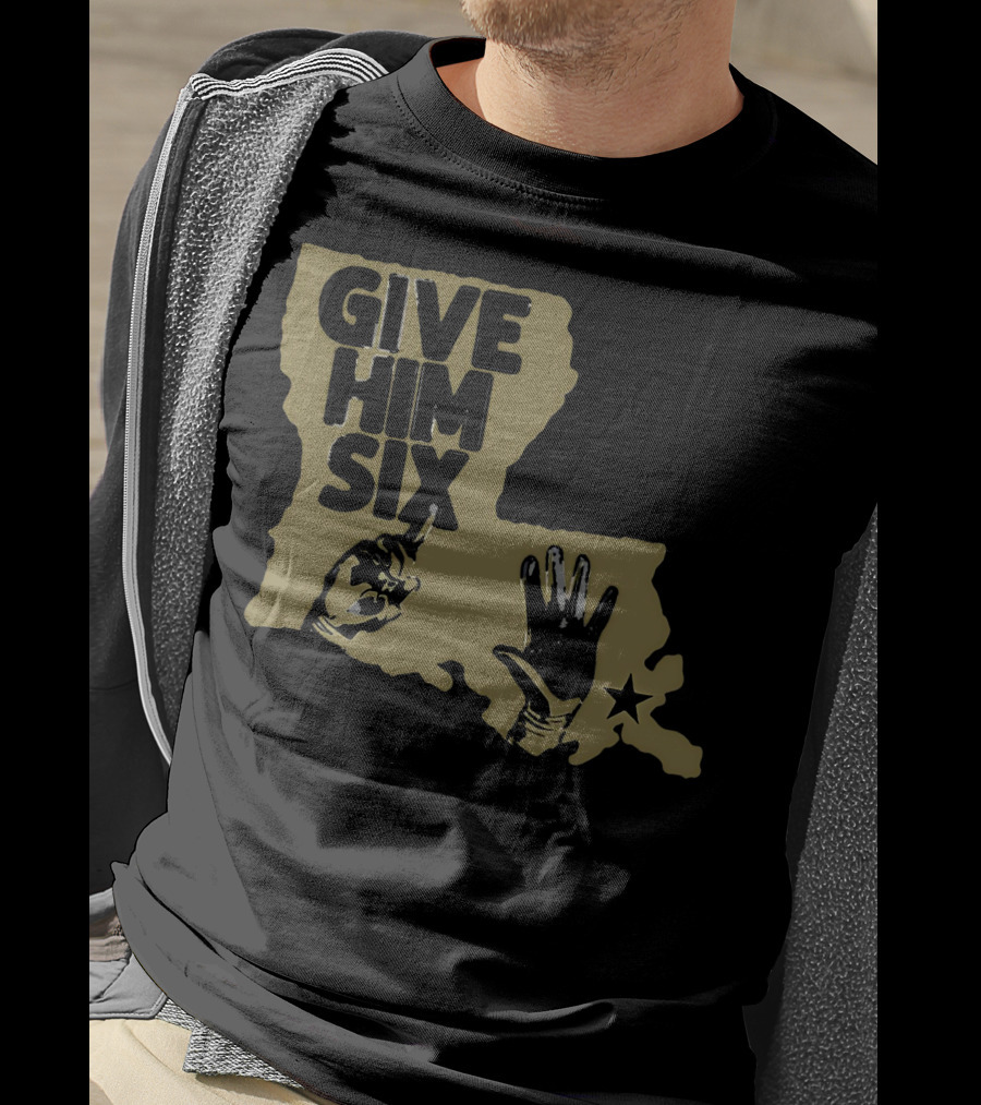 Give Him Six Louisiana Map With Football Gloves Star T-Shirt
