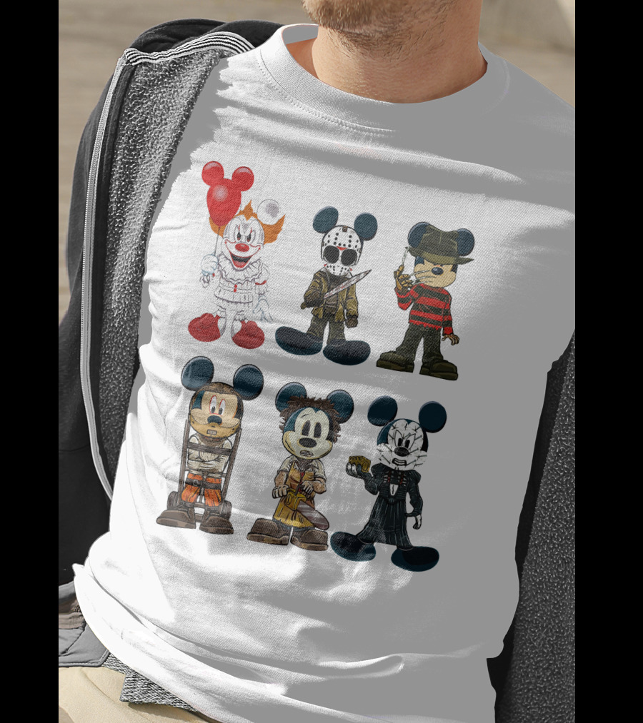 Halloween Horror Characters Mickey Mouse Pennywise Jason Freddy Chucky Leatherface Pinhead T-Shirt
