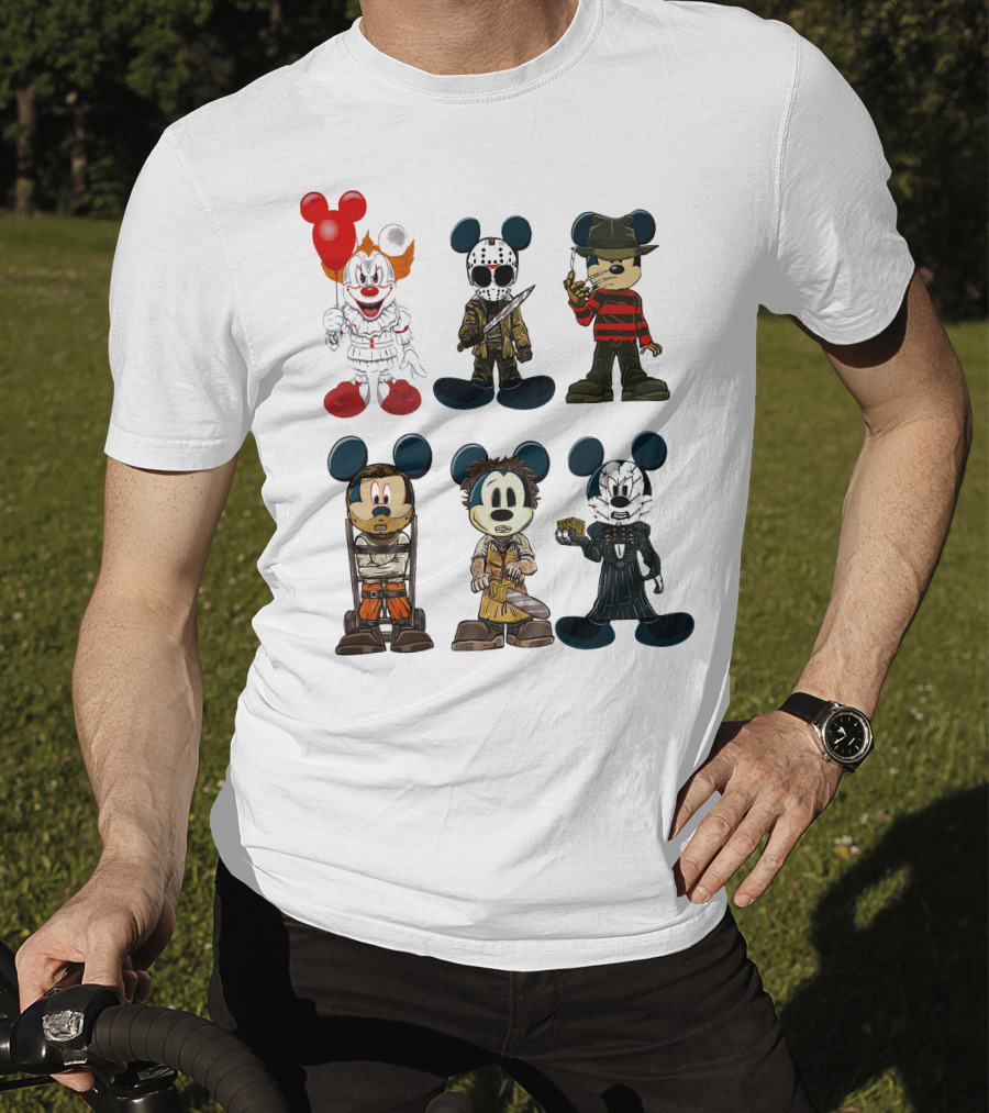 Halloween Horror Characters Mickey Mouse Pennywise Jason Freddy Chucky Leatherface Pinhead T-Shirt