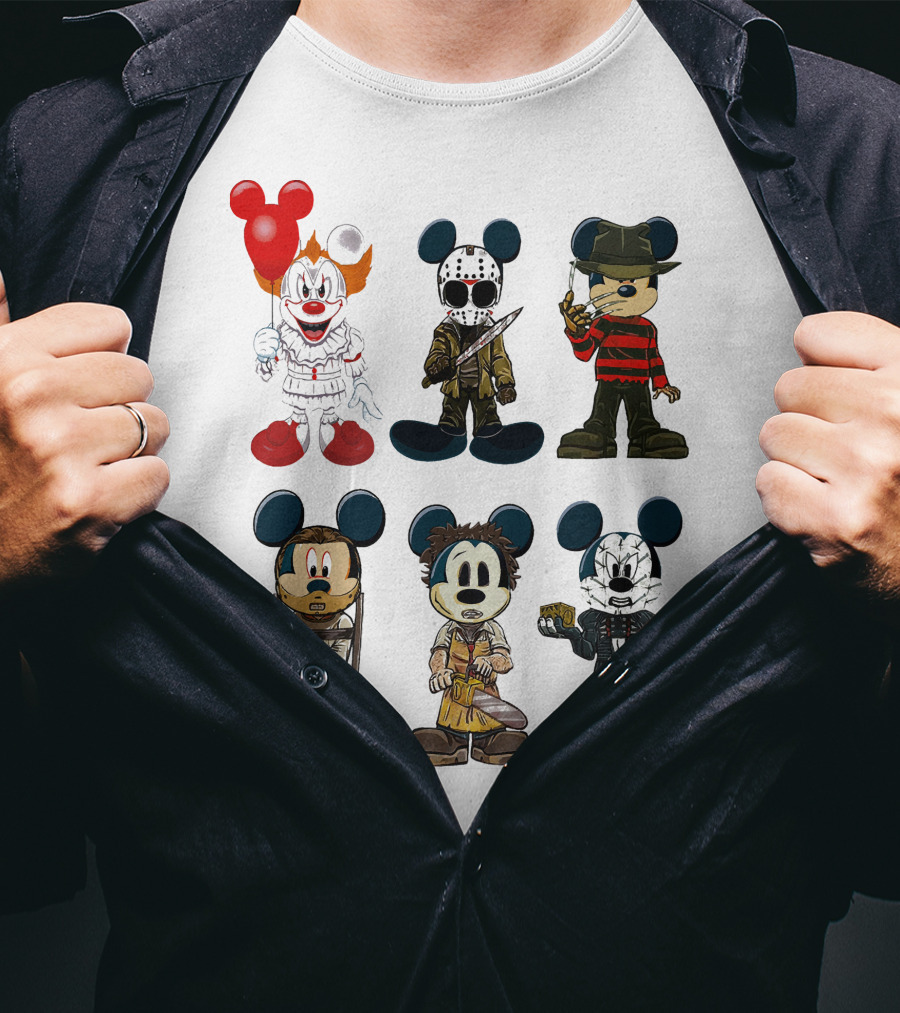 Halloween Horror Characters Mickey Mouse Pennywise Jason Freddy Chucky Leatherface Pinhead T-Shirt