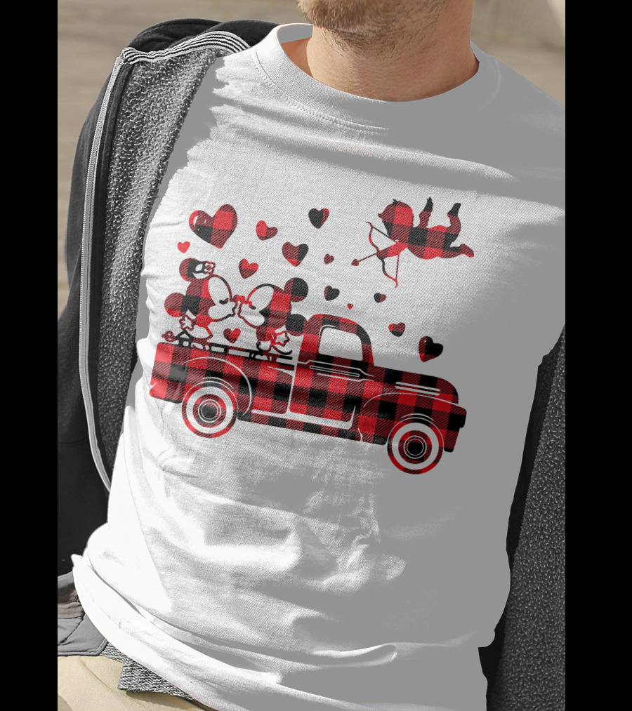 Buffalo Plaid Mickey Minnie Kissing In Truck With Hearts And Cupid Valentine T-Shirt