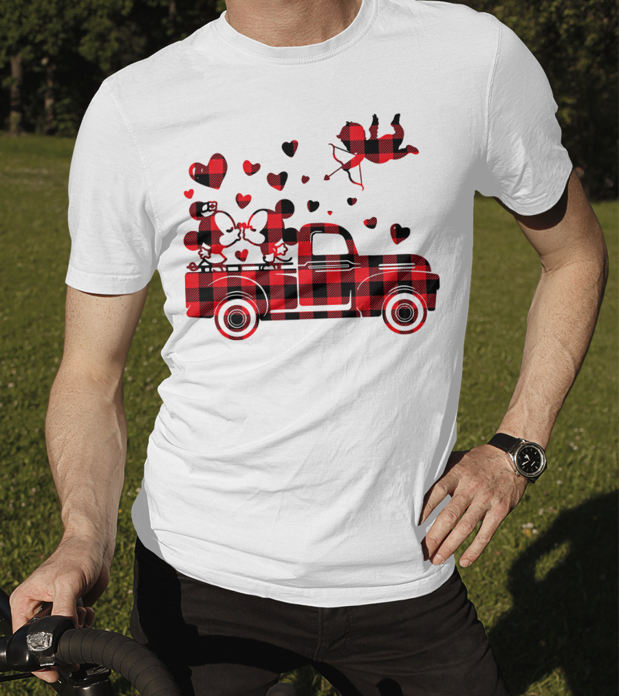 Buffalo Plaid Mickey Minnie Kissing In Truck With Hearts And Cupid Valentine T-Shirt