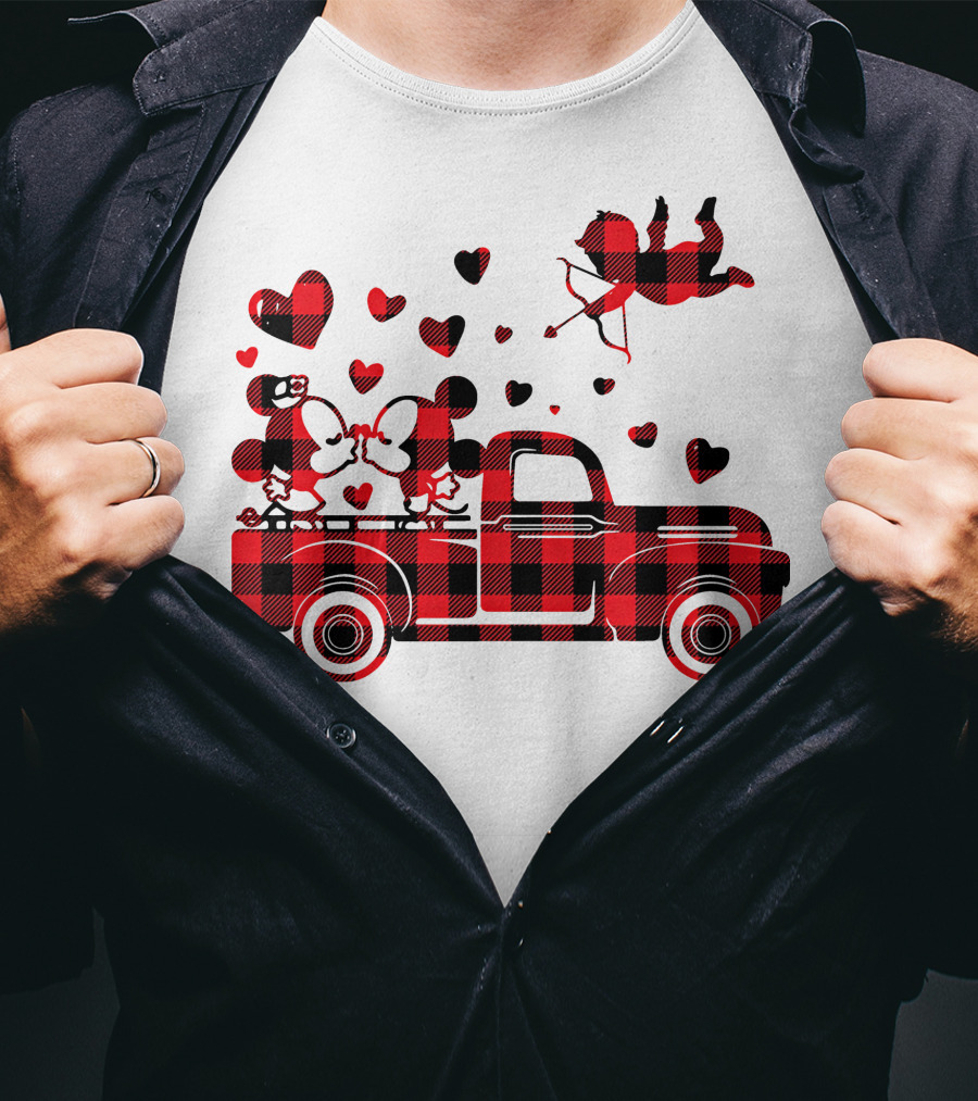 Buffalo Plaid Mickey Minnie Kissing In Truck With Hearts And Cupid Valentine T-Shirt