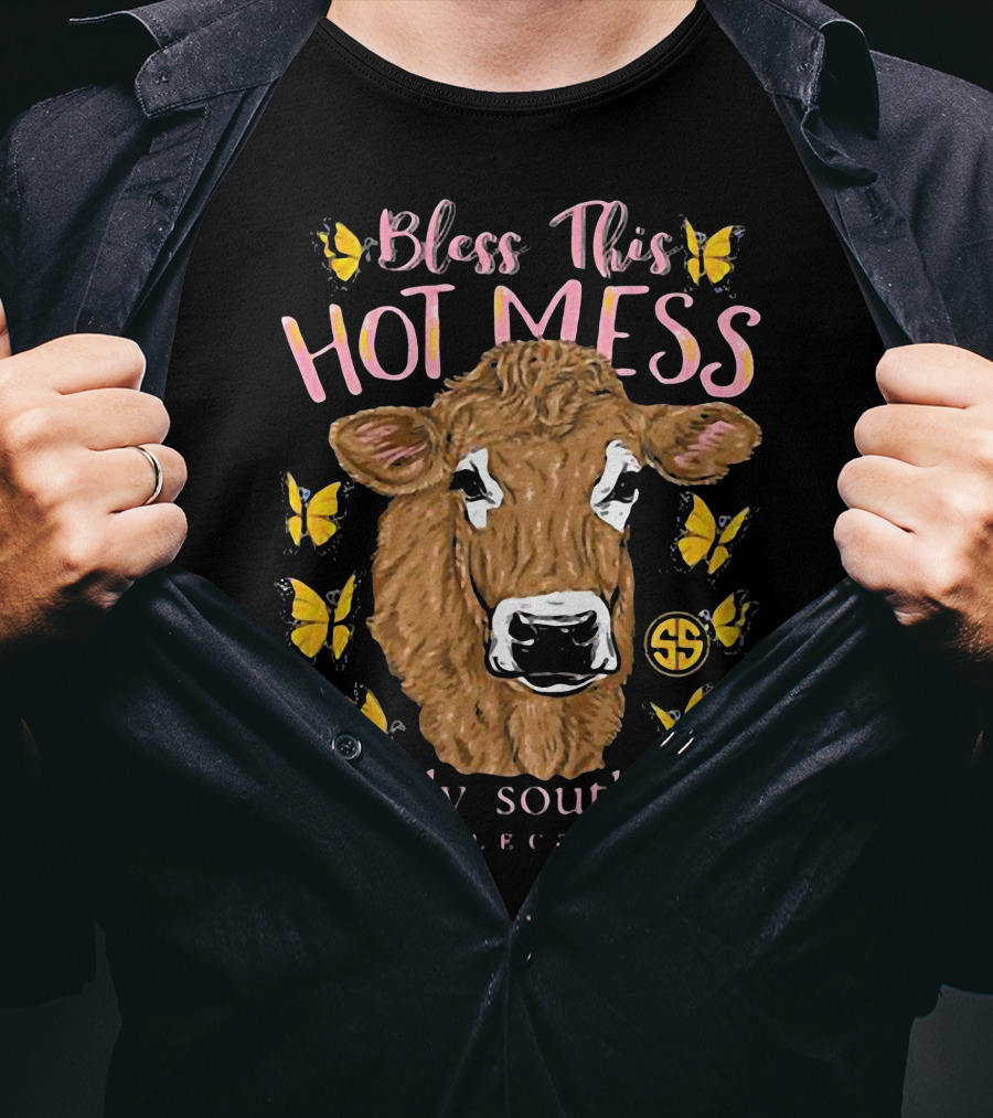 Bless This Hot Mess Simply Southern Collection Cow And Butterflies T-Shirt